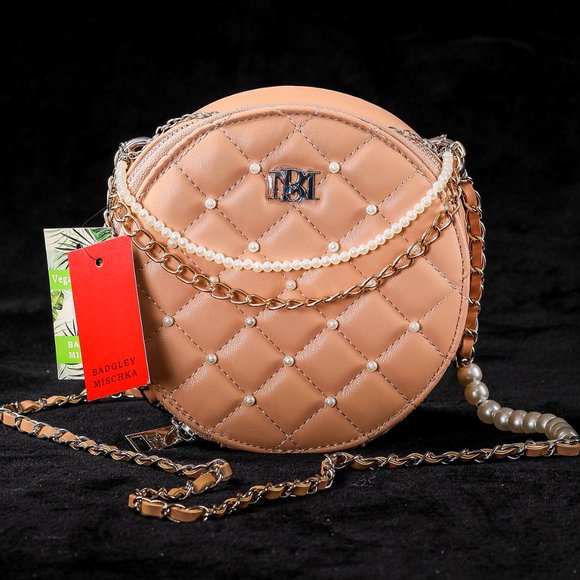 NWT Badgley Mischka | Pink Imitation Pearl-Accent Round Crossbody Bag - Picture 2 of 4